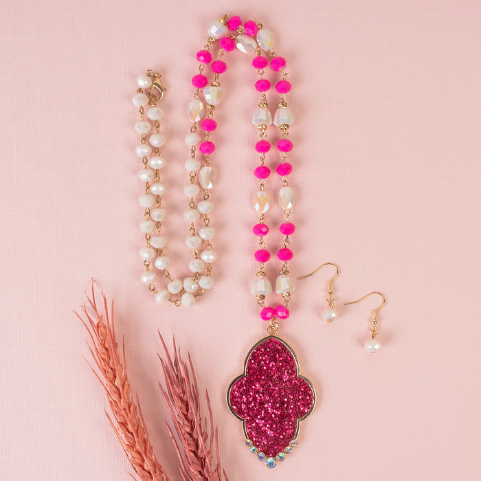 72947 - Glitter Pendant Necklace - Fuchsia