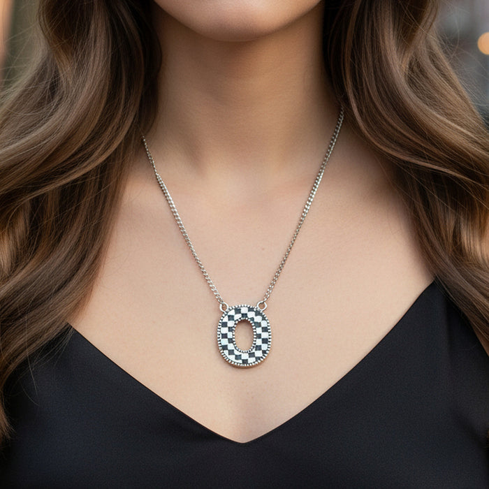 92422 - Checkered "O" Initial Necklace - Black & White