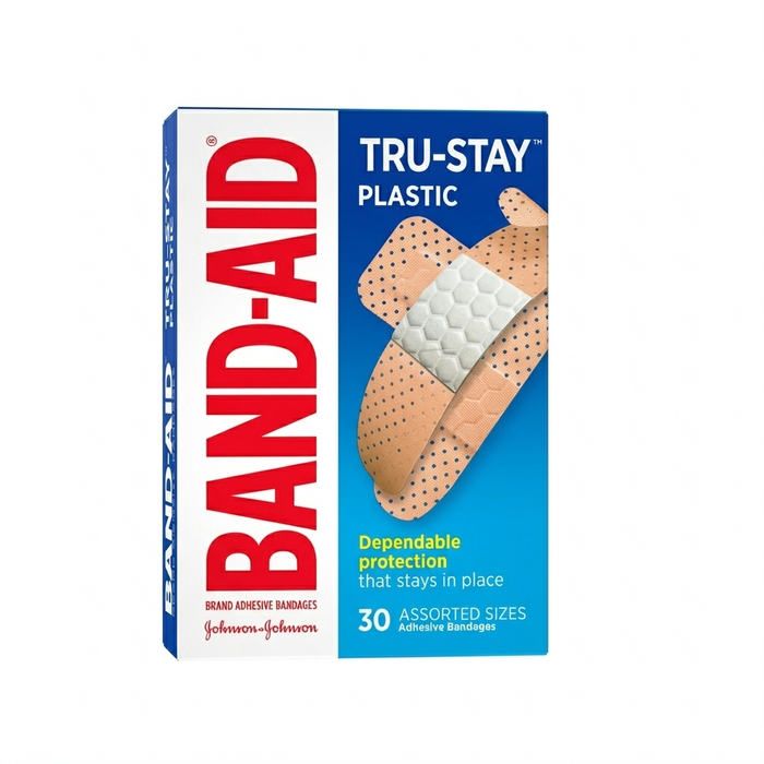 Band-Aid Tru-Stay plastic adhesive bandages packaging on a white background