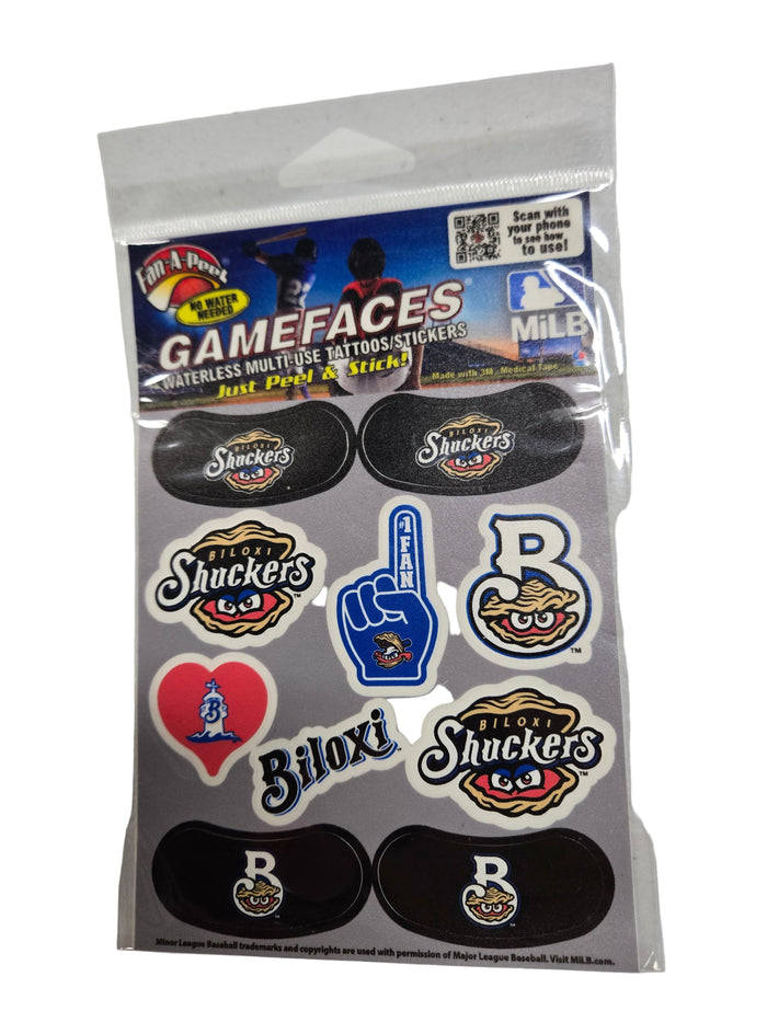 Biloxi Shuckers Game Faces Assorted Peel and Stick Tattoos/Stickers