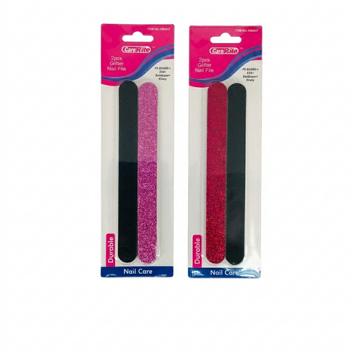 Two packages of nail files with pink glitter on a white background