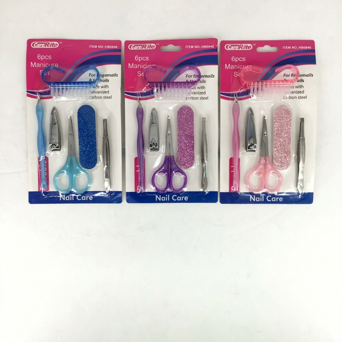 Three packages of nail care tools with various tools inside on a white background