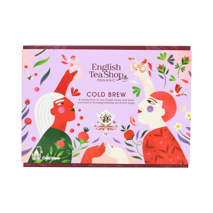 Box of English Tea Shop Cold Brew Collection with 12 pyramid tea bags. Certified organic tea gift box.