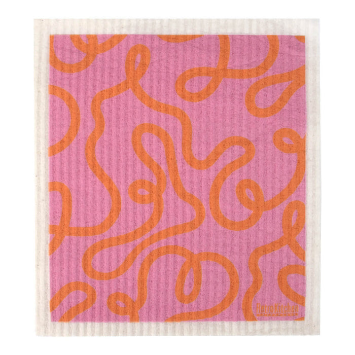 RetroKitchen Compostable Sponge Cloth, a super absorbent, machine washable and compostable dish cloth with a pink and orange loopy design.