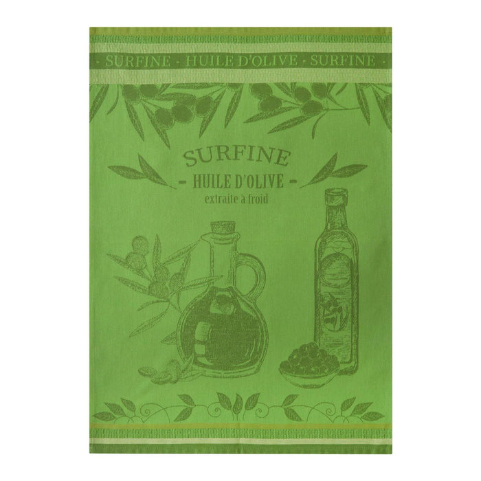 Green towel with olive oil design and 'Surfine Huile d'Olive' text on a white background