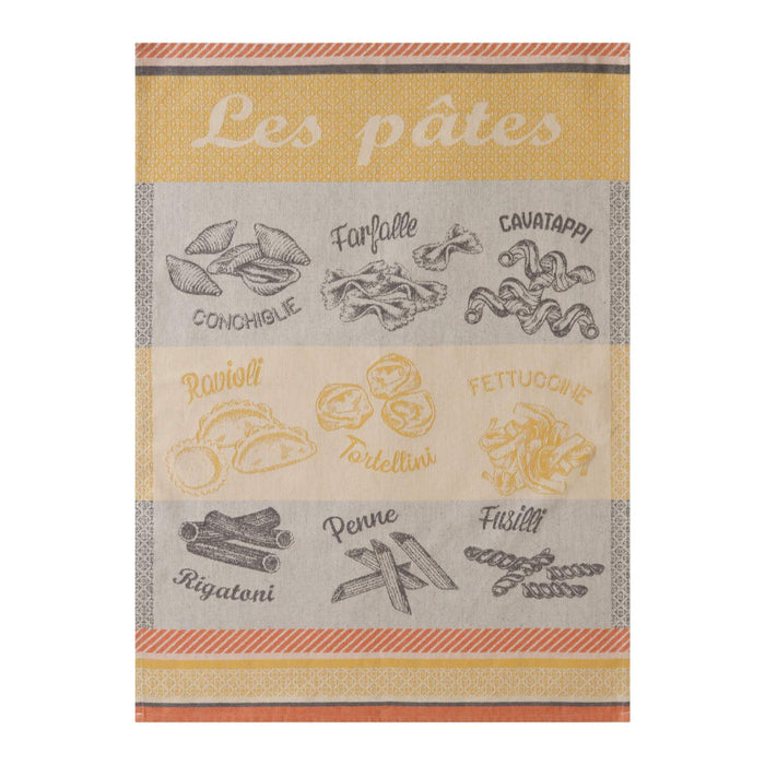Tea towel with pasta illustrations and text on a white background