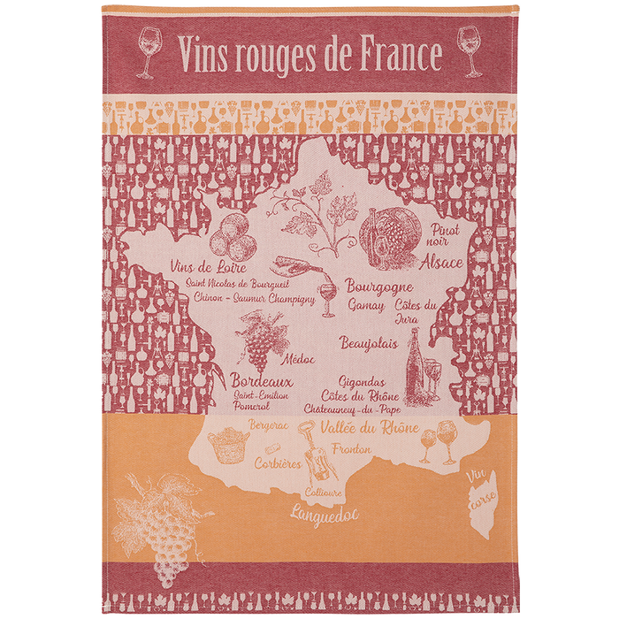 A multicolored cotton tea towel with a graphic depicting various wine regions of France and text related to wine.