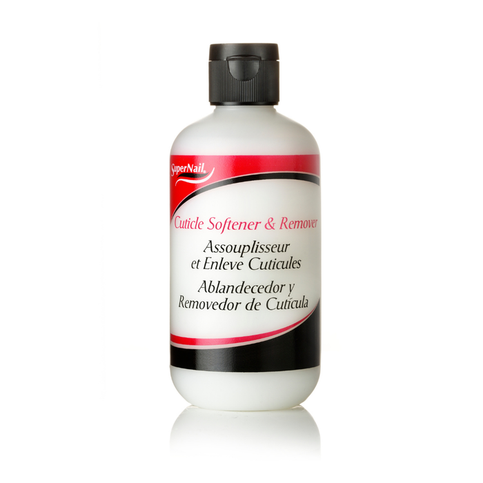 31655 Supernail Cuticle Softener and Remover 238ml | A bottle of SuperNail Cuticle Softener & Remover with a white body, black cap, and a label featuring red and black accents, set against a plain white background with a soft reflection.