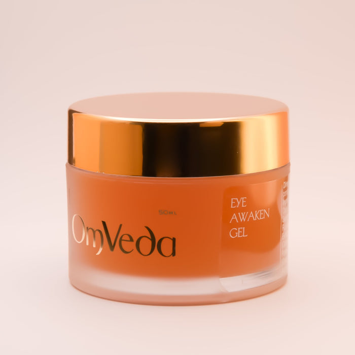 OmVeda Eye Awaken Gel jar with orange-gold lid