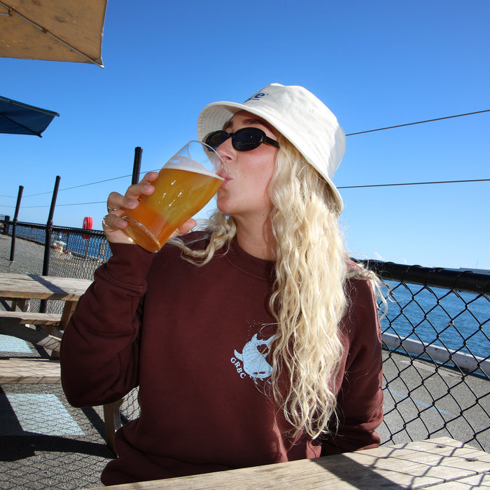 Person drinking a beer at an outdoor setting with a clear blue sky and a seagull.