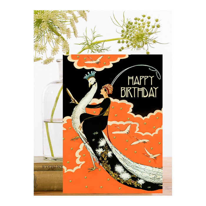 Hand Glittered Woman on Peacock Birthday Card
