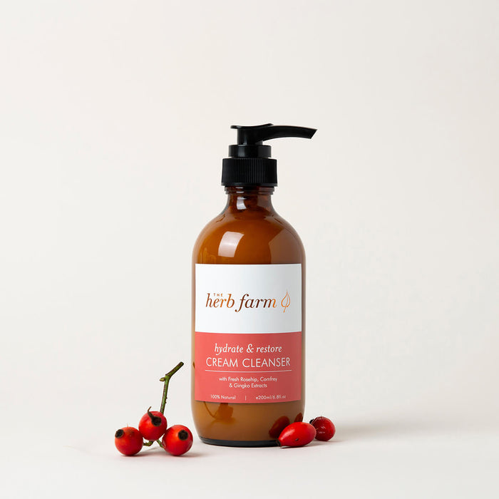 200ml pump bottle The Herb Farm Hydrate & Restore Cream Cleanser with fresh rosehip, comfrey, and gingko extracts.