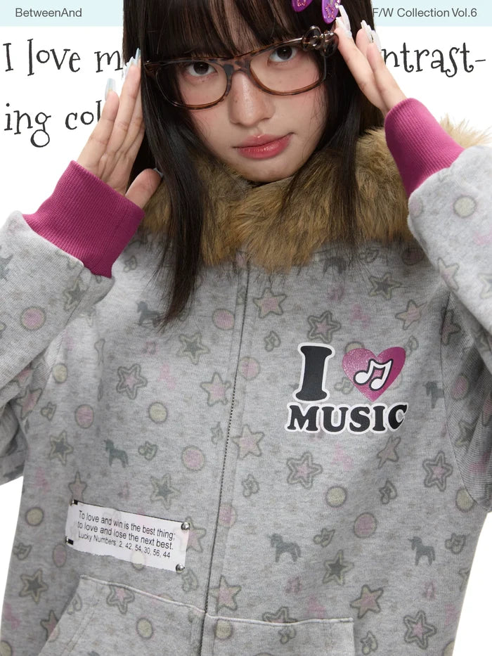 I love music fur collar contrasting color hoodie jacket
