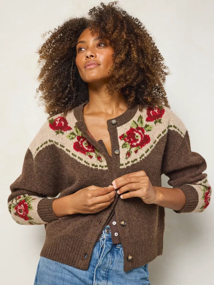 Jacquard Button Front Cardigan Sweater - Espresso Rose-view 6