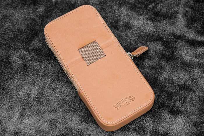 Leather Zippered Magnum Opus 3 Slots Hard Pen Case with Removable Pen Tray - Undyed Leather