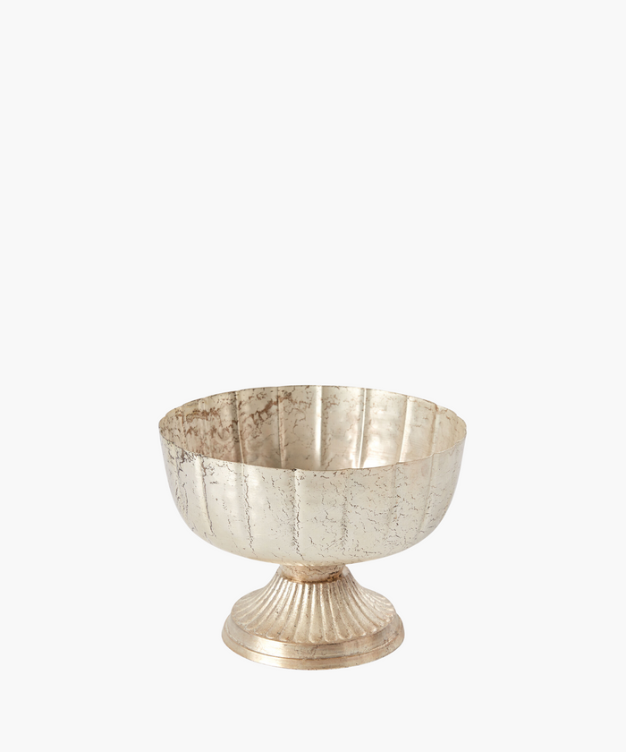 A textured silver bowl with a wide, fluted base sits elegantly isolated on a white background. The surface has a slightly aged appearance, adding character. | SW Home