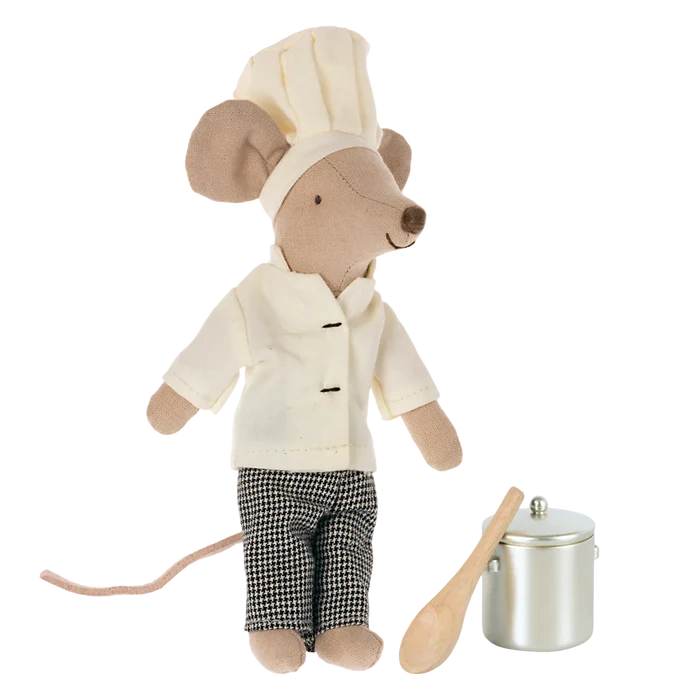 Stuffed mouse toy dressed as a chef with kitchen utensils on a white background