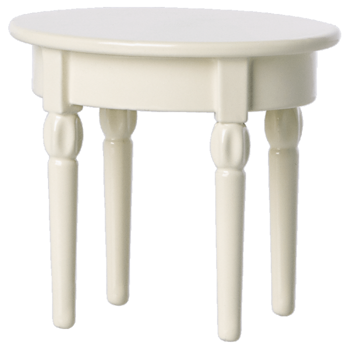 A small white round side table with four legs, suitable for a dollhouse or toy setting.