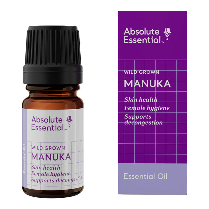 Manuka essential oil bottle and packaging with 'Absolute Essential' branding on a white background.