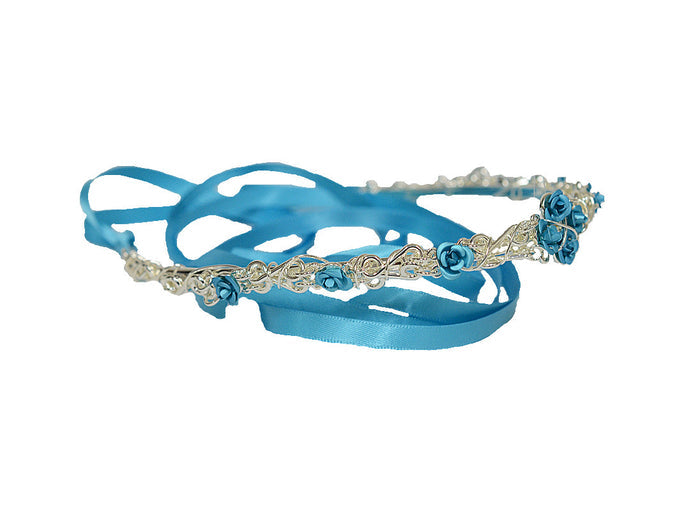 May Pole Posie Crown – Silver Ribbon & Rose Festival Headpiece side view