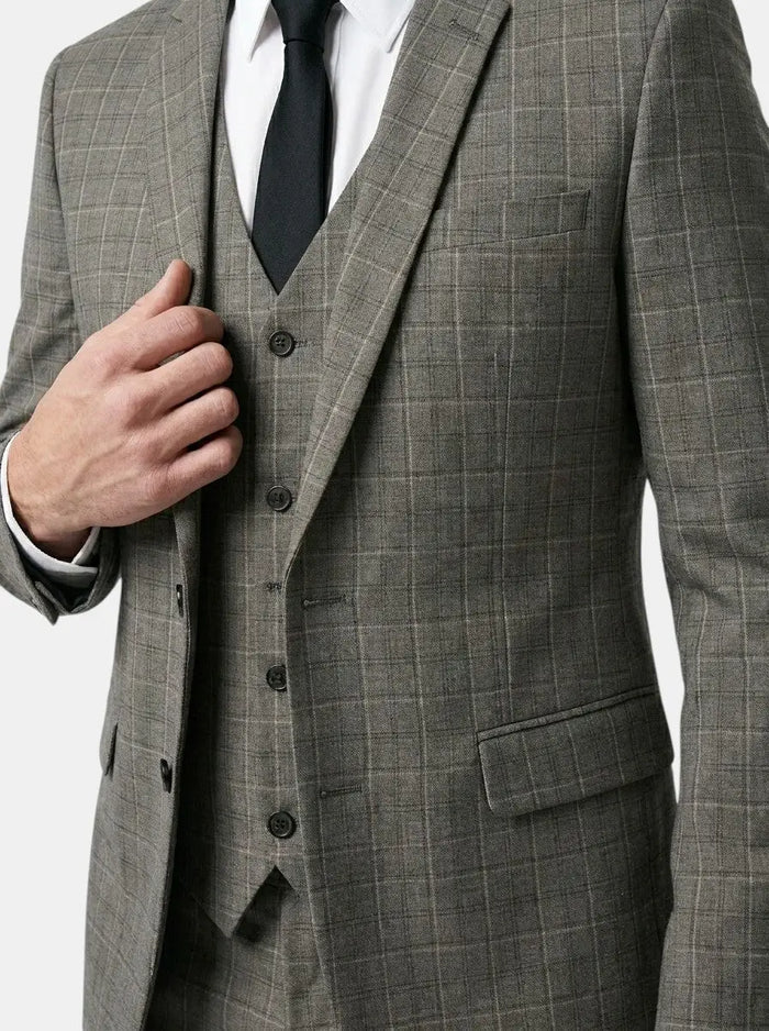 Men's checked fabric three-piece suit from LondonLaneStore featuring tailored fit, ideal for formal weddings and elegant occasions.