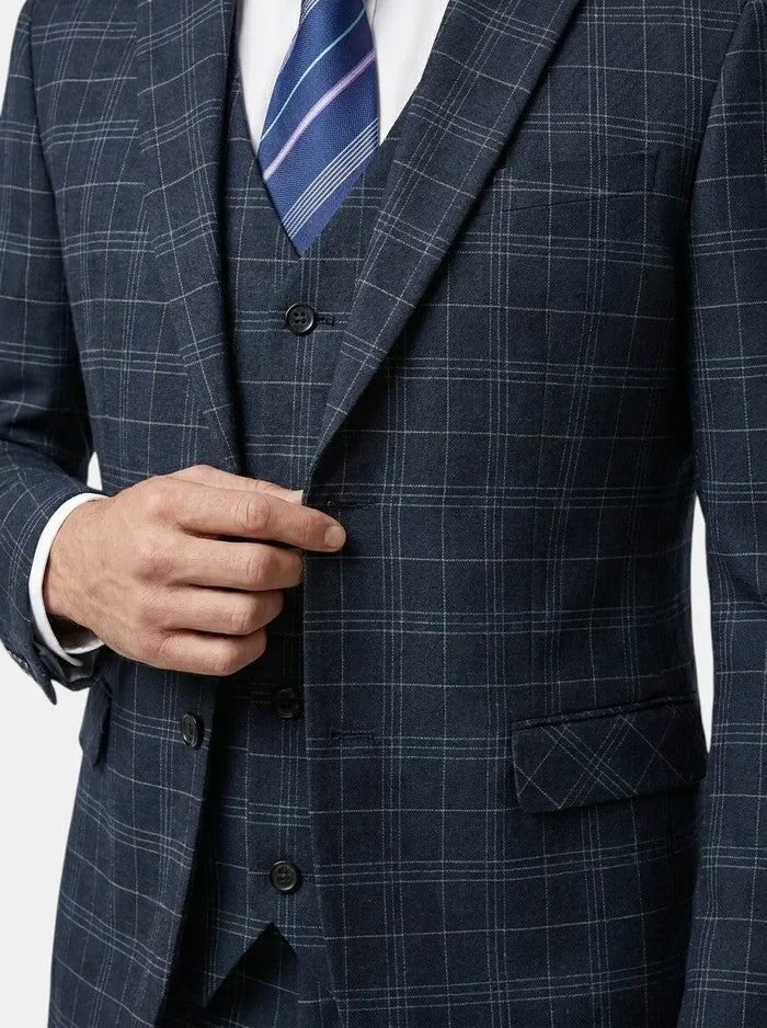 Men's checked 3-piece suit by LondonLaneStore, slim fit modern wedding attire, featuring a tailored jacket, waistcoat, and matching trousers.