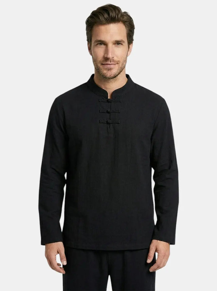 Men's linen blend two-piece set with relaxed fit long sleeve top and drawstring trousers, stylish men's clothing from LondonLaneStore.