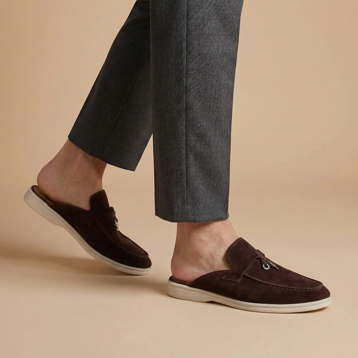 Men's suede mule loafers by LondonLaneStore, stylish open-back slip-on shoes with a sleek design and comfortable fit.