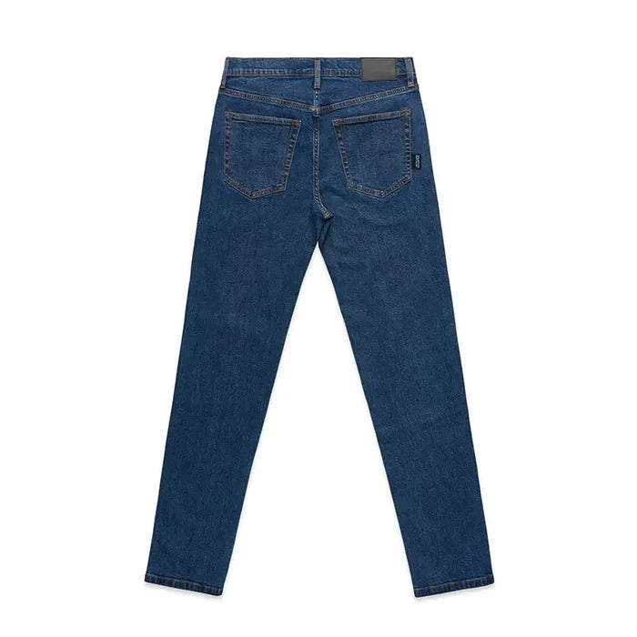 Mid blue denim jeans with classic straight-leg cut and subtle thigh fading perfect for workwear uniforms