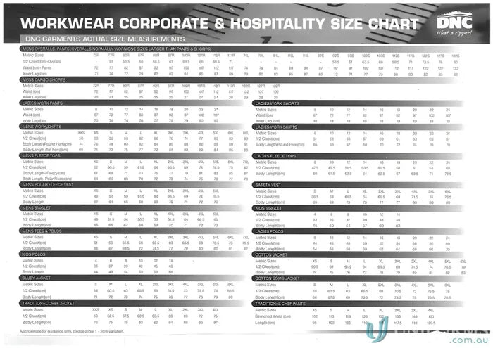 Workwear size chart for Middle Weight Cotton Cargo Shorts showing the perfect balance of fit