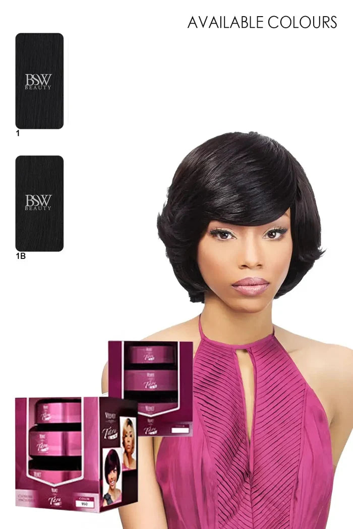 Color chart and packaging for Velvet Remi Tara 4-6-8 human hair weave perfect for creating mushroom cut and short bob hairstyles, showing colors 1 and 1B