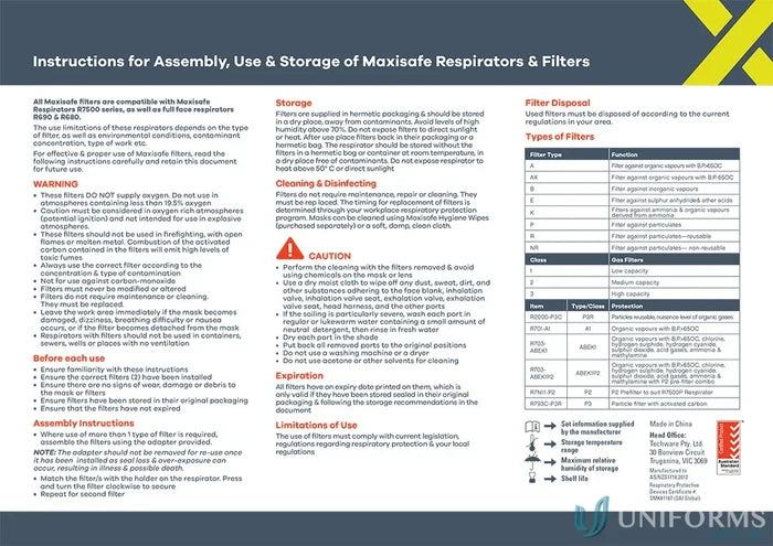 Maxisafe P3 Carbon Particulate Filter with respirator and filter instructions