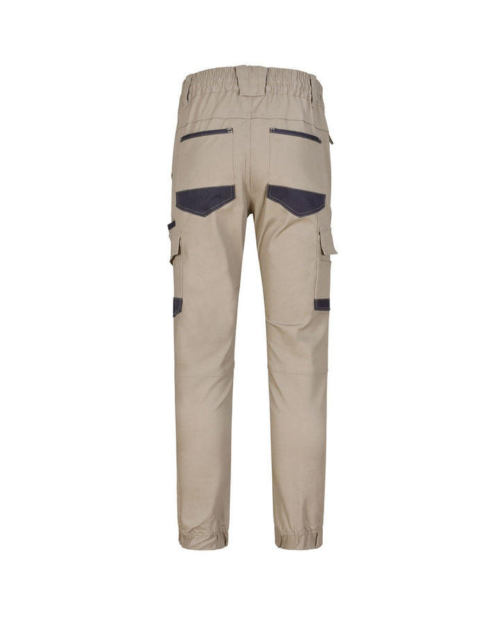 PLANETT unisex cotton stretch drill cuffed work pants in beige with navy accents