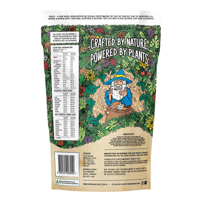 Back of protein packaging with nutrition information and ingredients.
