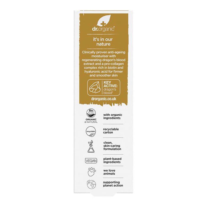 Back of 50ml box Dr. Organic Pro Collagen Plus+ Anti-Ageing Moisturiser, anti-aging cream for firmer and smoother skin.