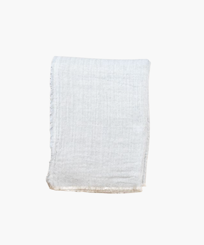 A folded white cotton throw blanket on a plain background. | SW Home