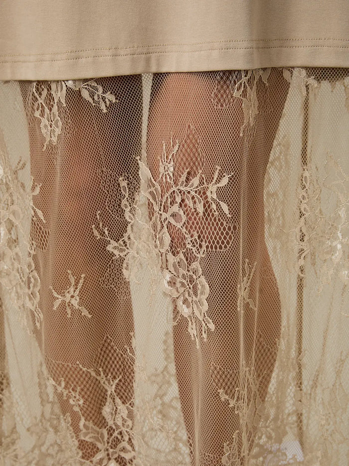 Round Neck Lace Joined T-Shirt Maxi Dress