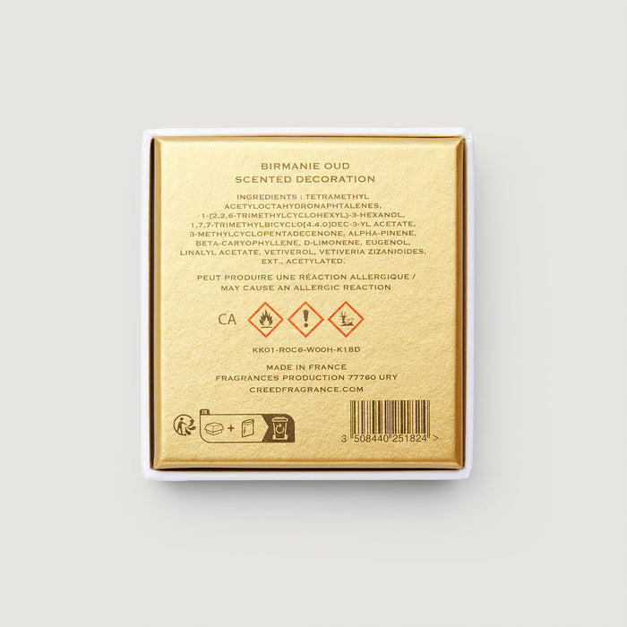 Gold Box Base with Birmanie Oud Ingredients - Scented Ornament Packaging Reverse | Creed Boutique