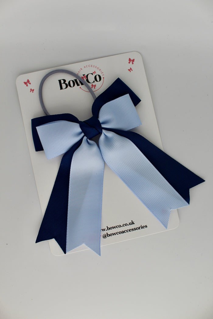 School Bow Navy Blue and Bluebell - Double Ribbon Tail – Elastic
