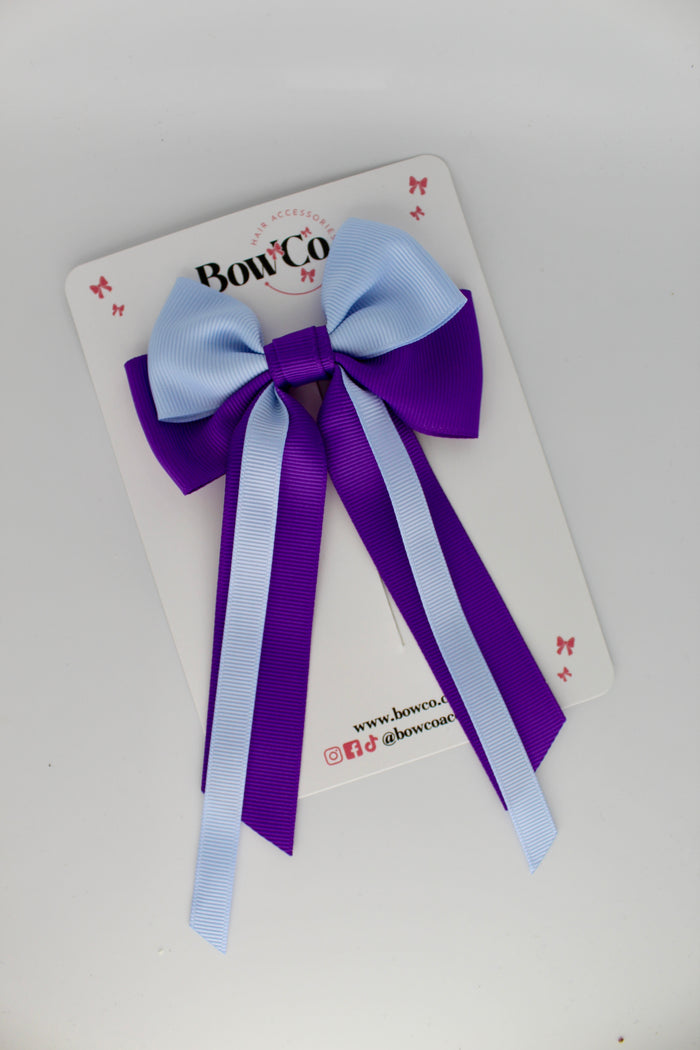 School Bow Purple and Bluebell Streamer Tail Bow - Clip