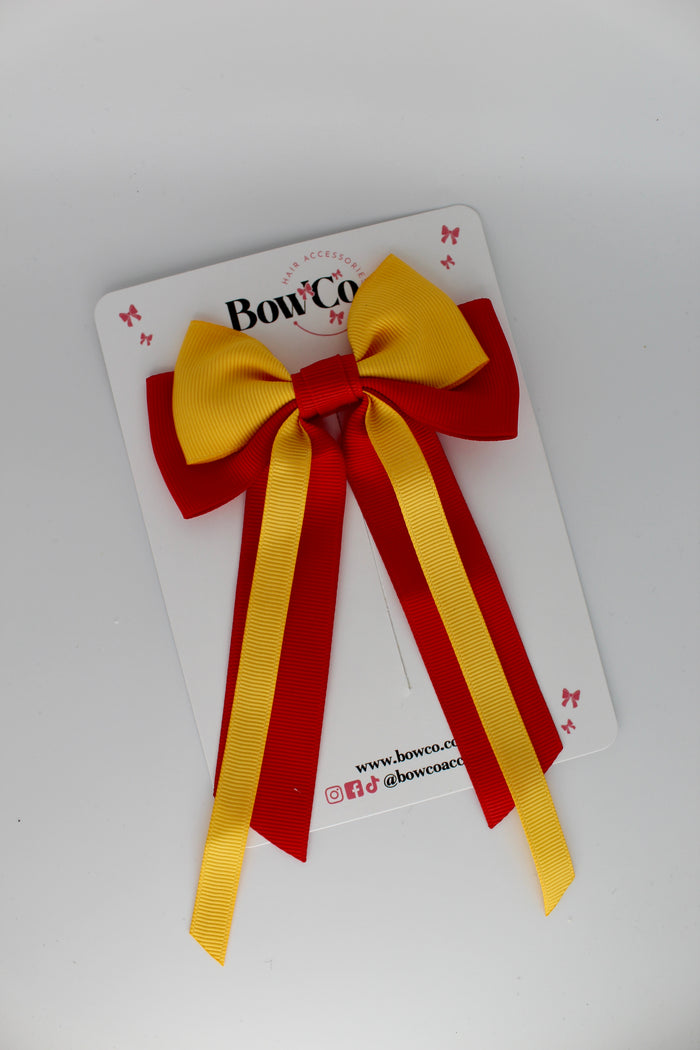 School Bow Red and Yellow Gold Streamer Tail Bow - Clip