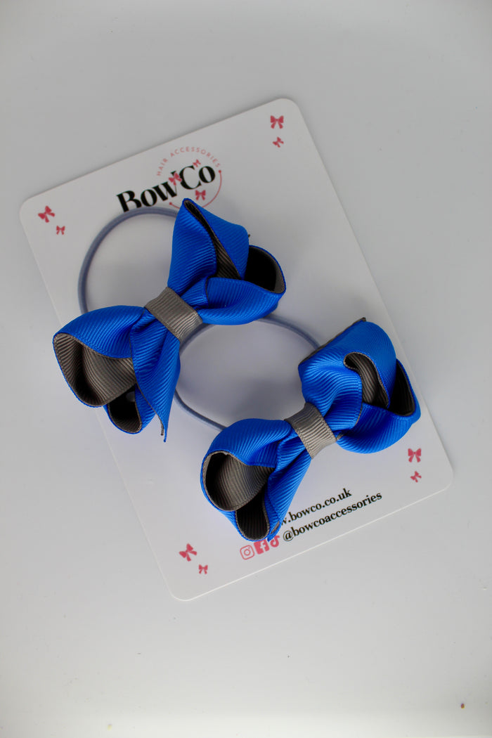 School Bow Royal Blue and Metal Grey - Loop Bow Set - Elastic