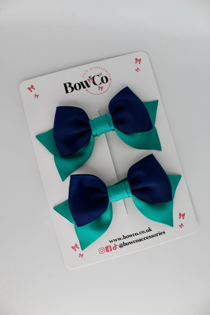 School Bows Jade Green and Navy Blue - Bow Tail Set - Clip