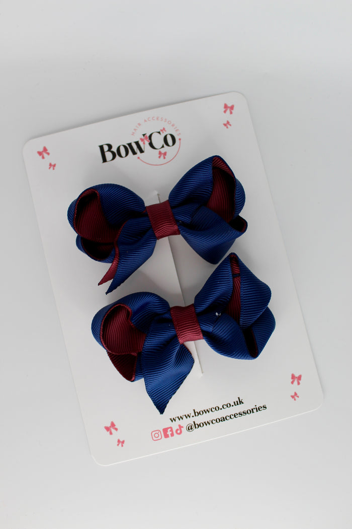 School Navy Blue and Burgundy Loop Bow Set - Clip