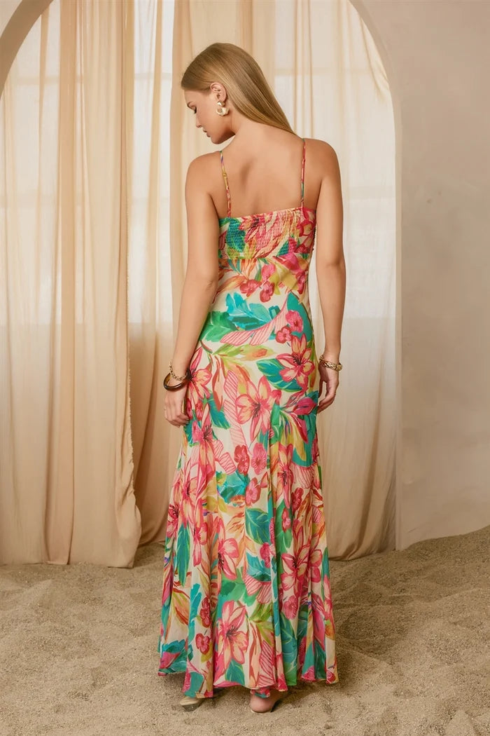 Sea of Hibiscus Frilly Hem Maxi Dress