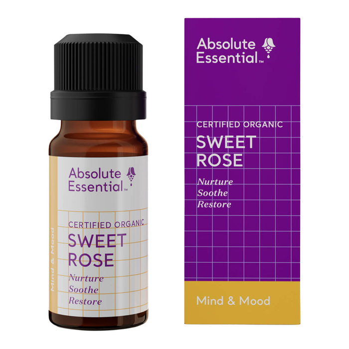 Absolute Essential Sweet Rose essential oil bottle and packaging on a white background.