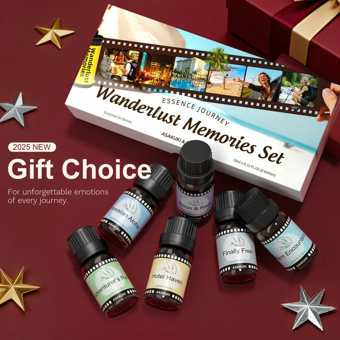 Wanderlust Memories essential oil gift set in elegant film-strip packaging as perfect travel-inspired aromatherapy present for relaxation