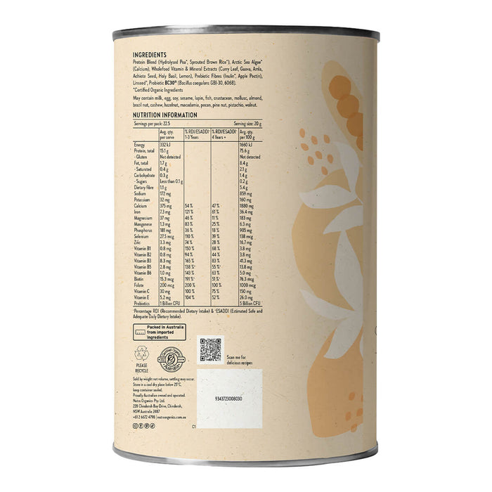 Side view of 450g container Nutra Organics Thriving Family Protein - Unflavoured, showing nutrition information.