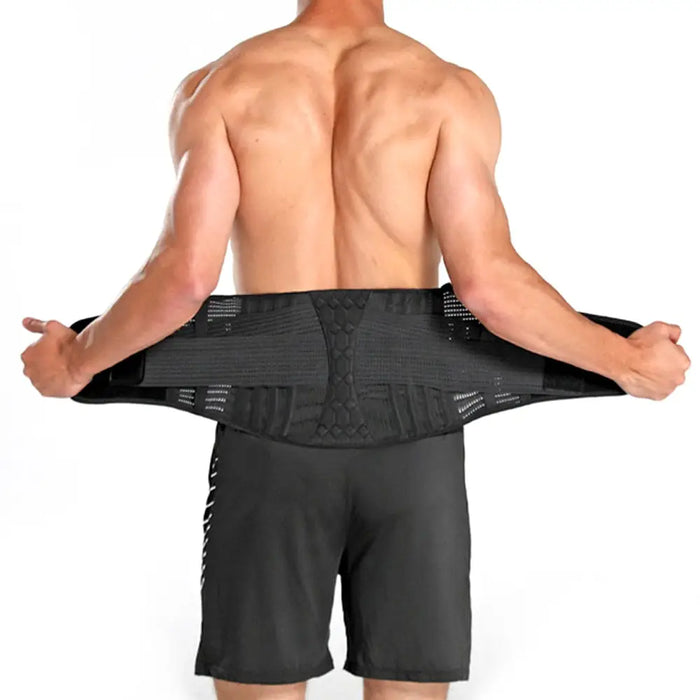 Unisex adjustable mesh lumbar support brace with contoured back belt for pain relief, designed for comfortable back support.