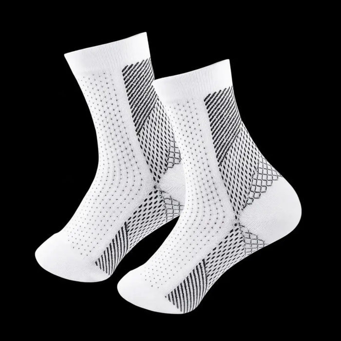Unisex breathable nano-fiber compression socks providing targeted support for pain relief and improved circulation.